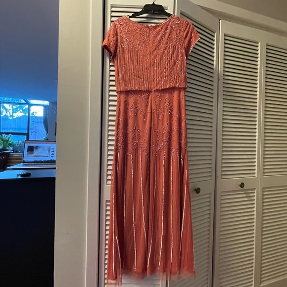 Adrianna Papell Beaded Short-Sleeve Sheer-Overlay sugar poppy Gown - Picture 4 of 5